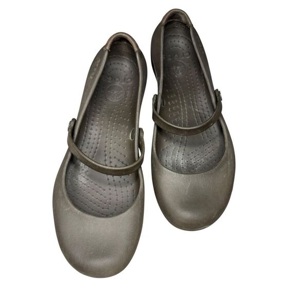Crocs Women’s 7 Mary Jane Slip On Flats Brown Rubber Comfort Shoes - Picture 2 of 7